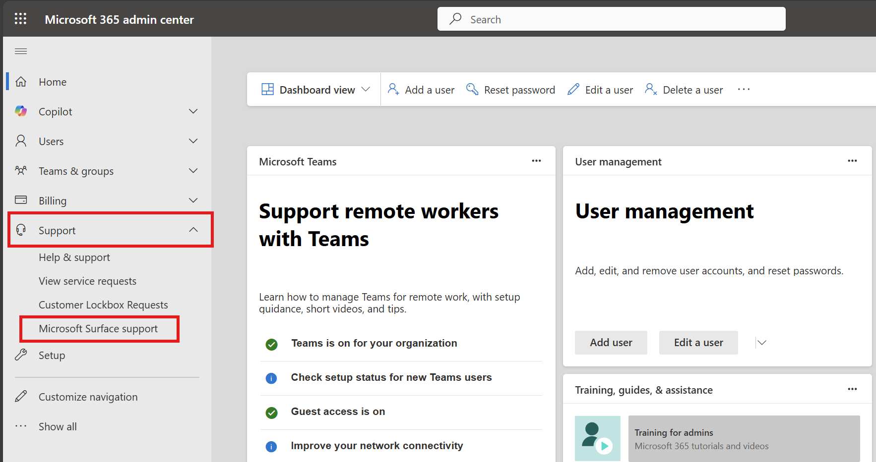 Microsoft 365 管理中心的屏幕截图，其中红框突出显示了“支持”和“Microsoft Surface 支持”选项。