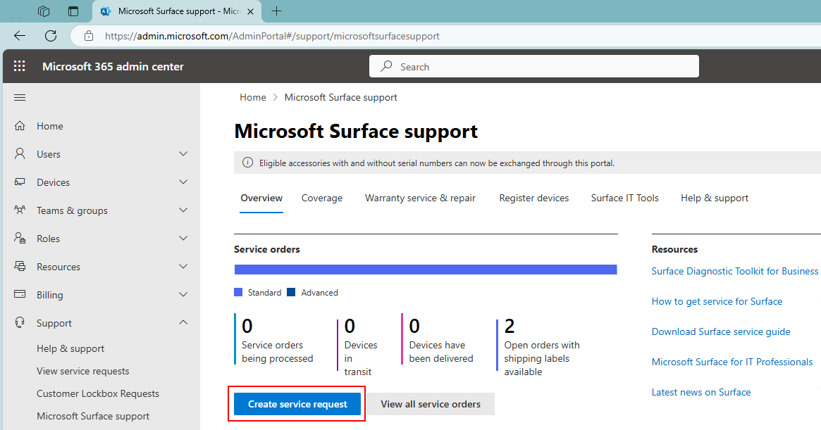 显示“新建修复请求”功能的Microsoft 365 管理中心的屏幕截图。