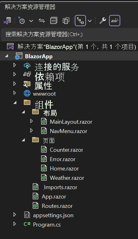 Visual Studio 2022 解决方案资源管理器的屏幕截图，其中包含默认 Blazor 项目中的文件列表。