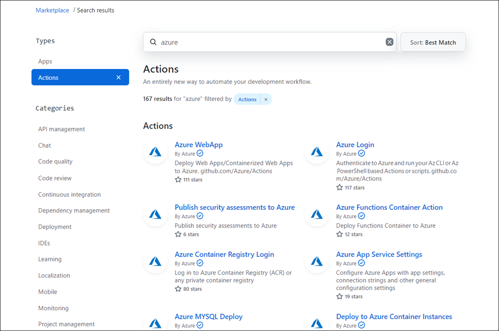 GitHub 市场的屏幕截图，其中显示了 Azure 的搜索结果。