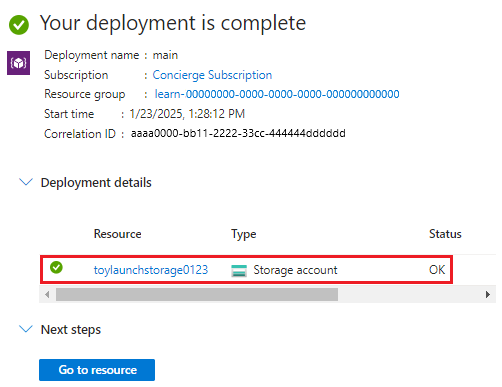 Azure 门户中的特定部署界面屏幕截图，其中列出了一个存储帐户资源。
