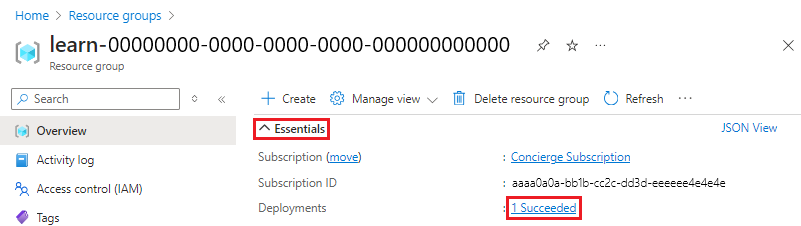 这是 Azure 门户中资源组概览界面的屏幕截图，其中“部署”部分显示已有一个部署成功。