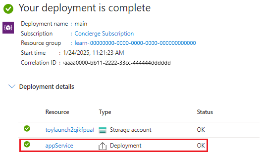 Azure 门户中的特定部署界面的屏幕截图，其中列出了一个资源。