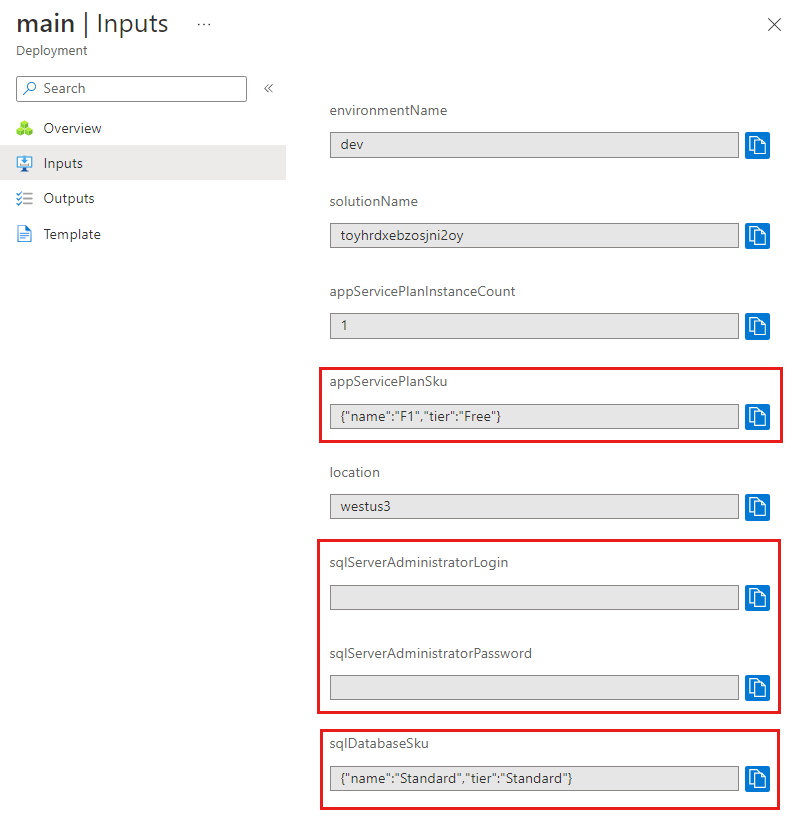 Azure 门户中特定部署界面的屏幕截图，其中显示了参数值。