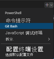 Visual Studio Code 终端窗口的屏幕截图，其中显示了选择 shell 下拉列表。