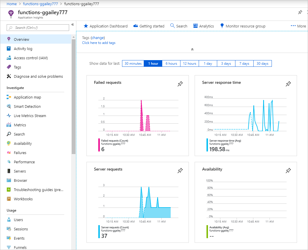 展示 Azure Functions 遥测数据监视的屏幕截图