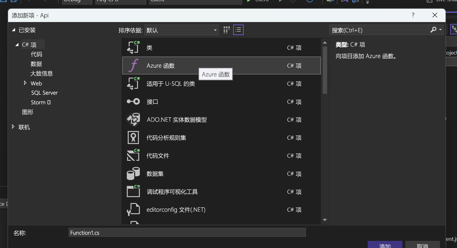 显示所选 Azure 函数项的屏幕截图。