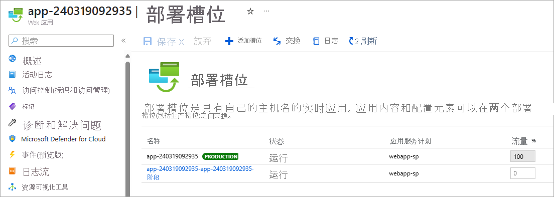 使用 Azure 门户交换部署槽位的屏幕截图。