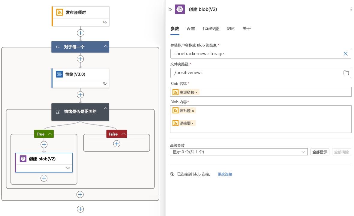 屏幕截图显示了使用 RSS 触发器输出的“创建 Blob”操作。