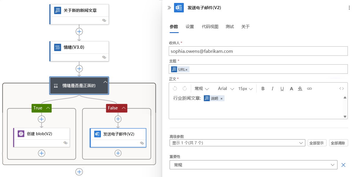 屏幕截图显示了使用必应搜索触发器输出的“发送电子邮件”操作。
