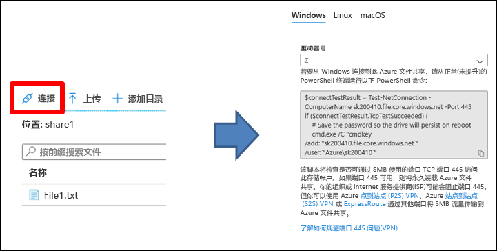 Azure 门户提供的用于连接到 Azure 文件共享的脚本的屏幕截图，并选择了“连接”。
