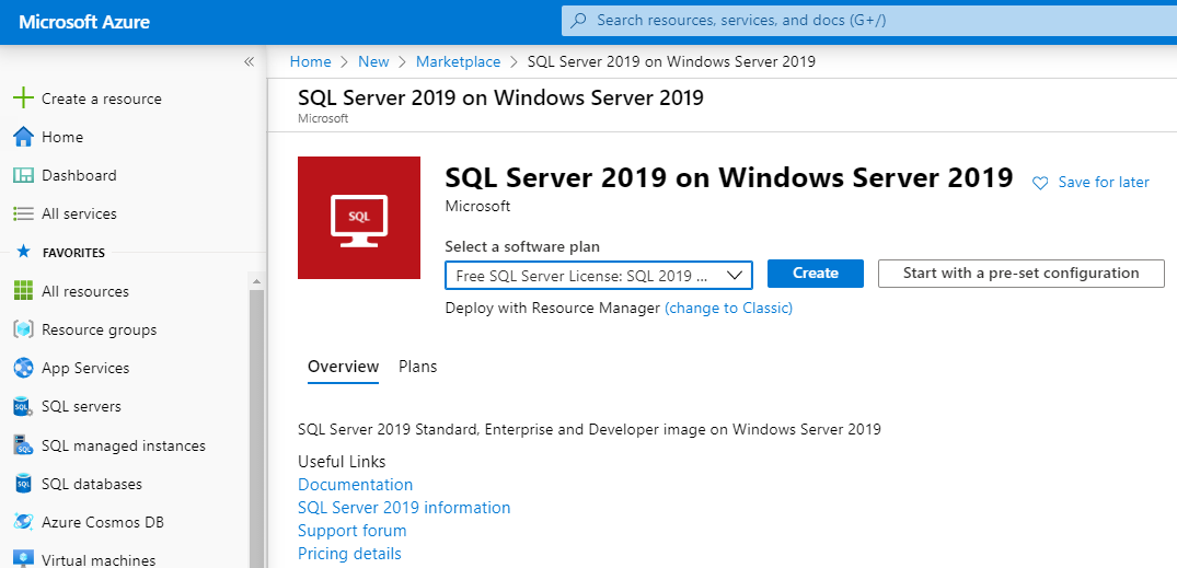 Azure 门户中的 SQL Server VM 创建