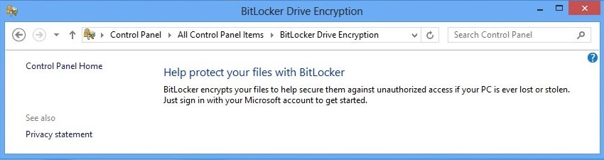 控制面板中的 BitLocker 驱动器加密页的屏幕截图。
