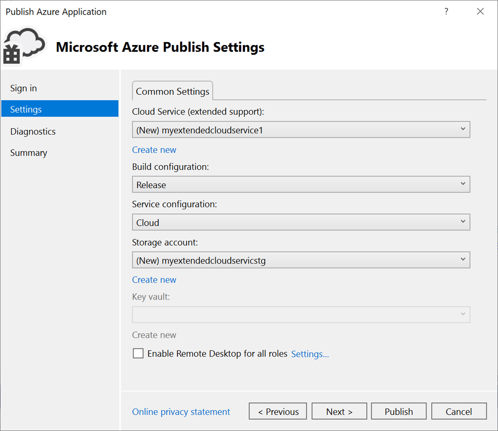 显示 Microsoft Azure 发布设置窗格的屏幕截图。