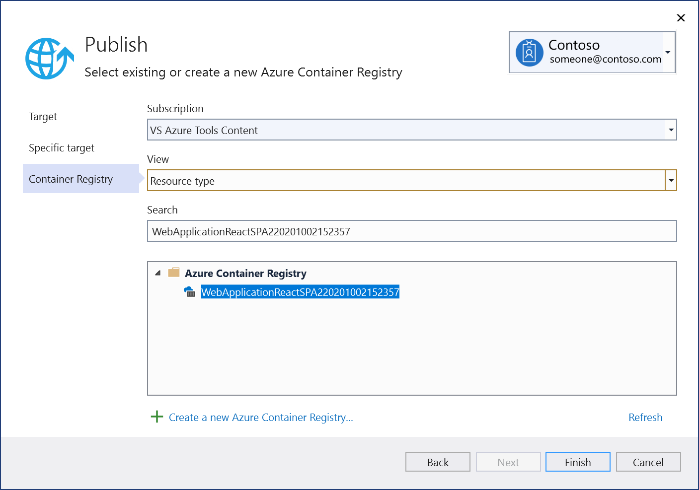 屏幕截图显示选择或创建新的 Azure 容器注册表。