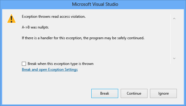 Microsoft Visual Studio 异常对话框的屏幕截图，其中显示了“A-B> 为 nullptr”的读取访问冲突。已选择“中断”按钮。