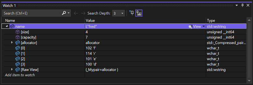 此屏幕截图展示了 Visual Studio 的“监视”窗口，其中正显示着 name 变量的值。