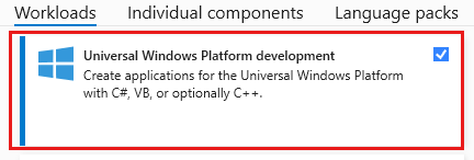 显示通用 Windows 平台开发工作负载的 Visual Studio 安装程序的屏幕截图。