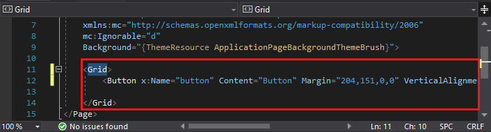 显示新添加的“按钮”（在 XAML 编辑器中突出显示）的代码的屏幕截图。