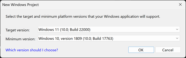 “新建通用 Windows 平台项目”对话框的屏幕截图，其中显示了默认目标版本和最低版本设置。