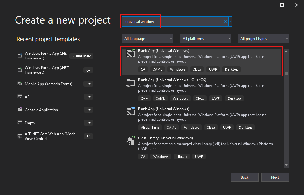 “创建新项目”对话框的屏幕截图，其中搜索框中输入了“通用 Windows”，并突出显示了“空白应用（通用 Windows）”项目模板。