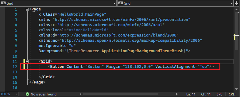 显示新添加的“按钮”（在 XAML 编辑器中突出显示）的代码的屏幕截图。