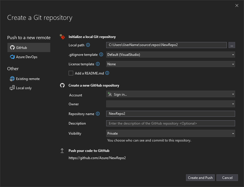 Visual Studio 中“创建 Git 存储库”对话框的屏幕截图，其中突出显示了“GitHub”选项。