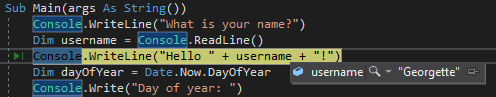 显示 Visual Studio 调试期间变量值的屏幕截图。
