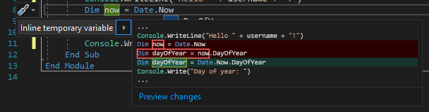 显示 Visual Studio 中的内联临时变量建议的屏幕截图。