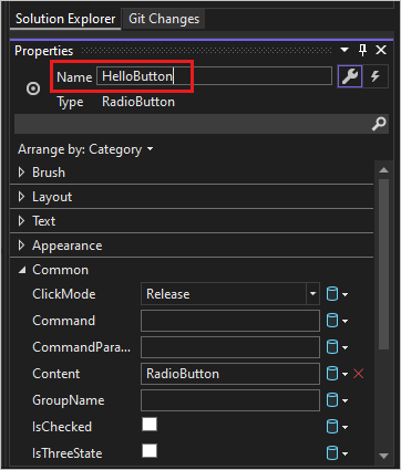 显示“HelloButton”RadioButton 的“解决方案资源管理器属性”窗口的屏幕截图。
