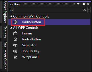 显示“工具箱”窗口的屏幕截图，其中选中了 Common WPF 控件列表中的 RadioButton 控件。