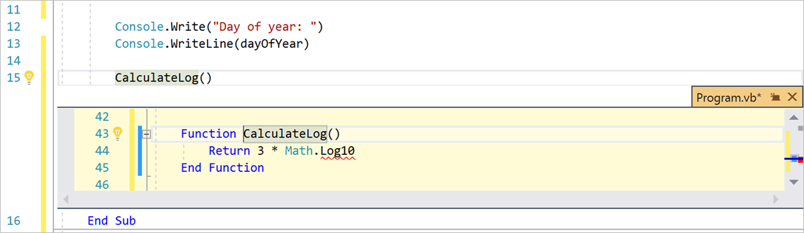 显示 Visual Studio 中的“速览定义”的屏幕截图。
