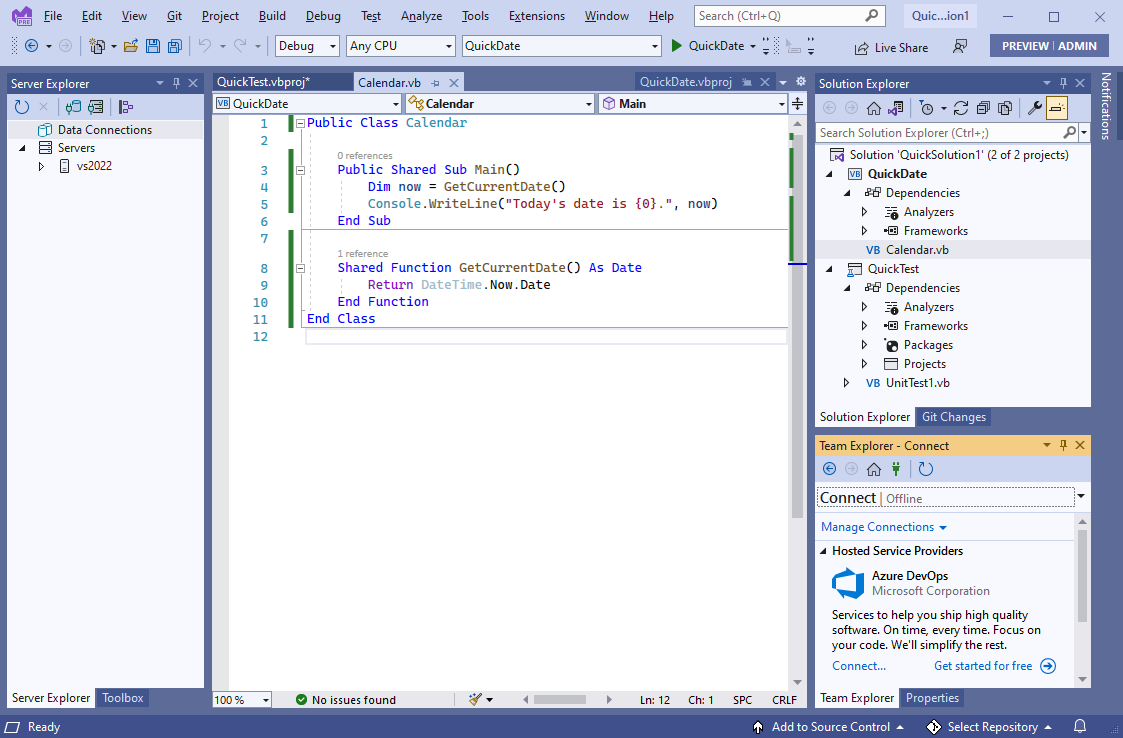 显示蓝色主题中的 Visual Studio 的屏幕截图。
