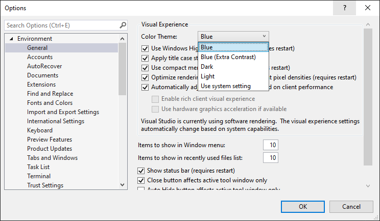 显示将颜色主题更改为 Visual Studio 中的蓝色的屏幕截图。