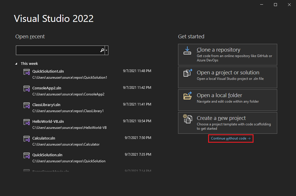 Visual Studio“开始”屏幕的屏幕截图，其中突出显示了“继续而不编写代码”链接。