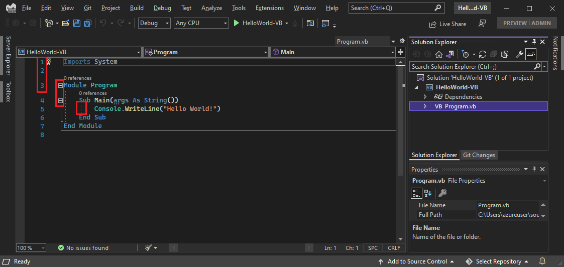 显示带有红色框的 Visual Studio I D E 的屏幕截图。