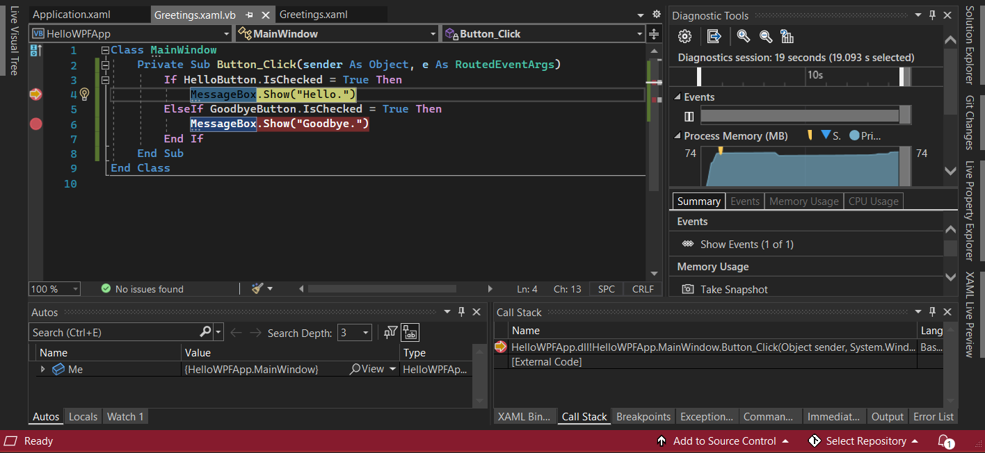 截屏显示 Visual Studio 中调试会话的界面，其中代码、诊断、自动窗口和调用堆栈窗口均已打开。执行在 Greetings.xaml.vb 文件中的断点处停止。