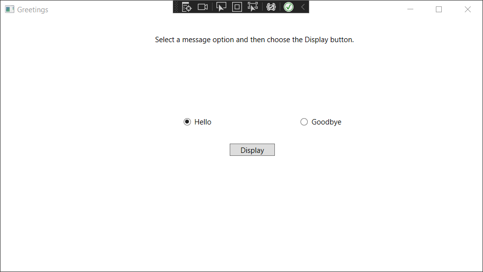 Greetings 窗口的屏幕截图，其中显示了 TextBlock、RadioButtons 和按钮控件，并选择了“Hello”单选按钮。