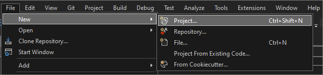 Visual Studio 菜单栏中“ > 文件新建 > 项目”选择的屏幕截图。