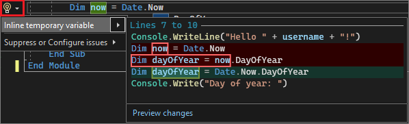 显示 Visual Studio 中的内联临时变量建议的屏幕截图。