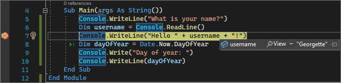 显示 Visual Studio 调试期间变量值的屏幕截图。