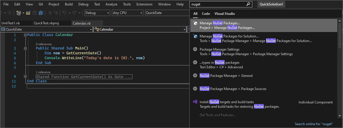 显示 Visual Studio 中快速启动搜索框的屏幕截图。