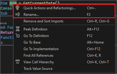 Visual Studio 中重构菜单的屏幕截图。