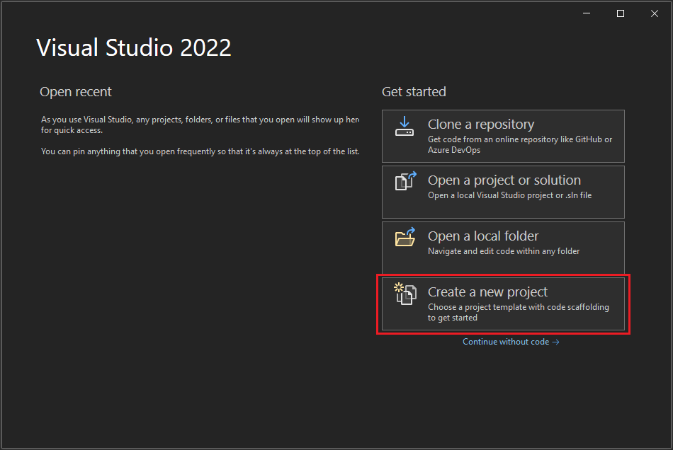 Visual Studio 2022 中开始窗口的屏幕截图，其中突出显示了“创建新项目”选项。
