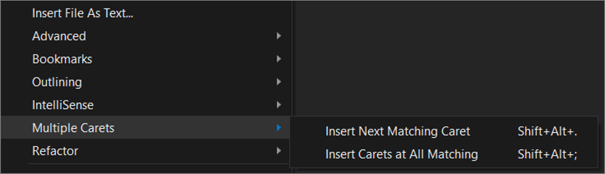 Visual Studio 中“多个光标”下拉菜单的屏幕截图