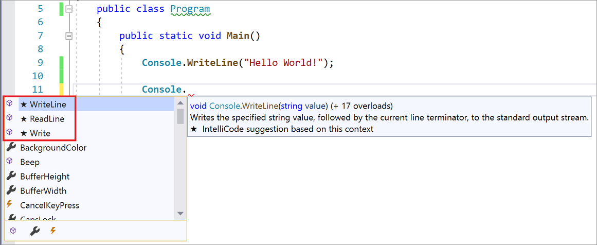使用 Visual Studio IntelliCode 的带有星号的 IntelliSense 建议的屏幕截图。