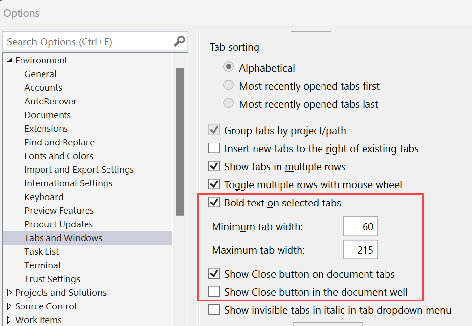 Visual Studio 中选项卡的新自定义组织选项的屏幕截图。