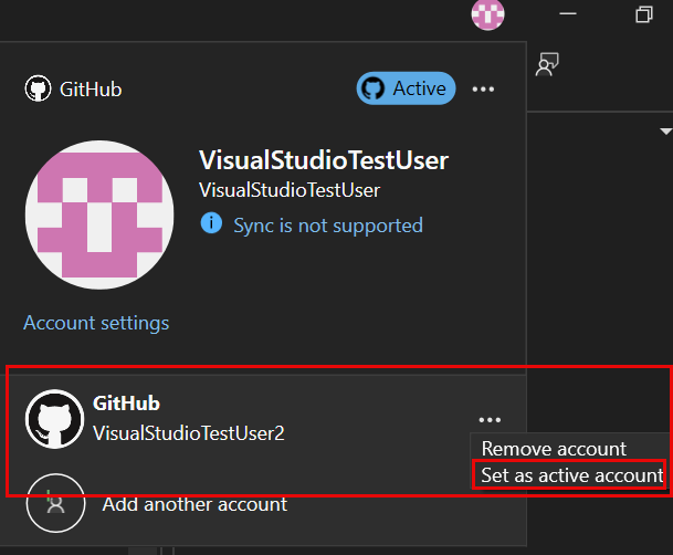 显示使用个人资料卡设置其他活动 GitHub 帐户的屏幕截图。