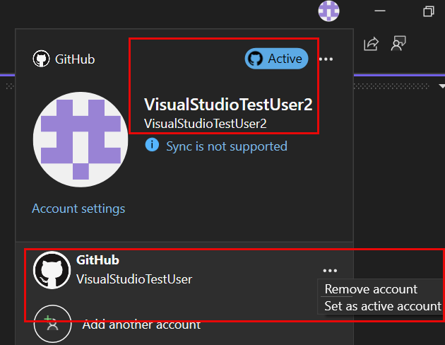 帐户设置中活动 GitHub 帐户的屏幕截图。
