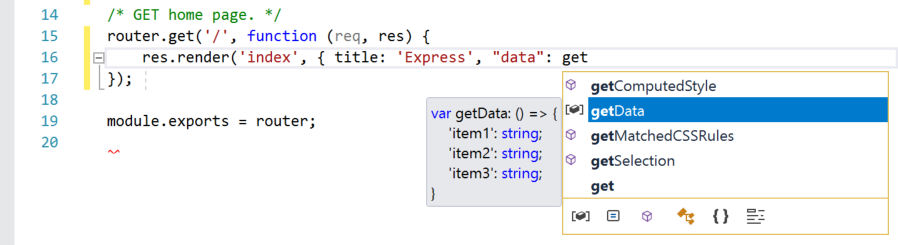 Visual Studio 代码窗口的屏幕截图，其中输入了“get”一词。对于以“get”开头的所有函数，将显示 IntelliSense 信息。